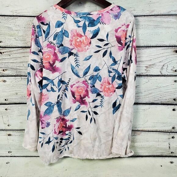 CJ Banks 1X Floral Print Long Sleeve Blouse White Pink Blue Stretch Top with Sid - Picture 4 of 9